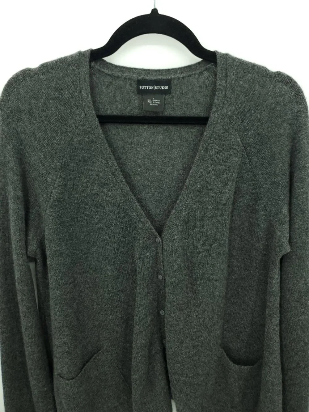 Sutton Studio Dark Gray 100% Cashmere V-Neck Cardigan Sweater Size L